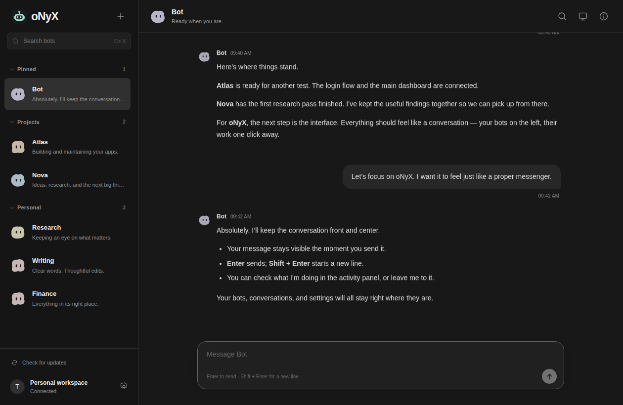 oNyX’s dark interface, with a bot roster, conversation bubbles and a compact message composer